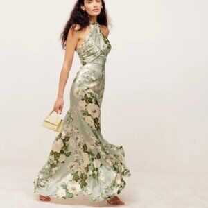 REFORMATION Veria Silk Dress, Tarragon - Size 4  (NOT Hemmed/Altered)